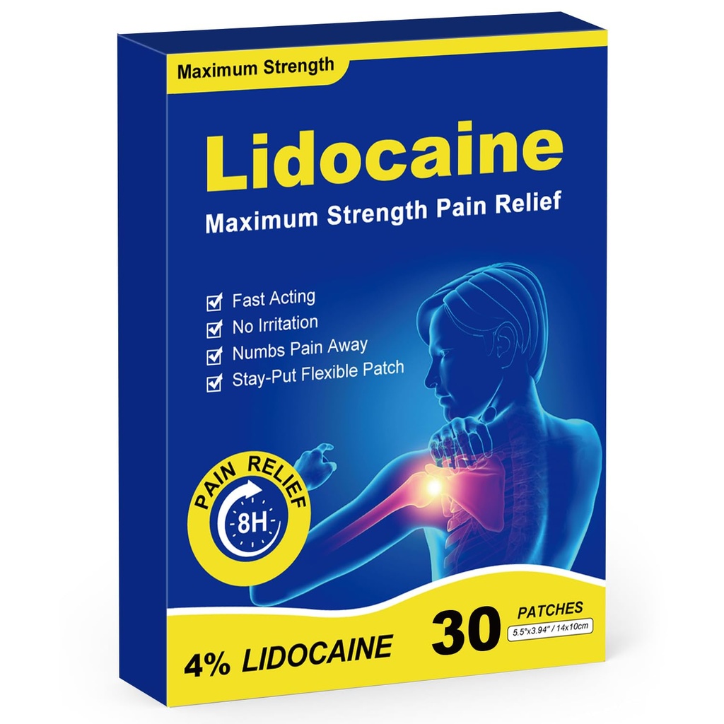 4% Lidocaine Patches, Maximum Strength OTC Relief, Fast Acting, 30 Count | Long-Lasting 8-Hour Targeted Pain Relief for Back, Neck, Shoulder, Joint & Muscle Pain