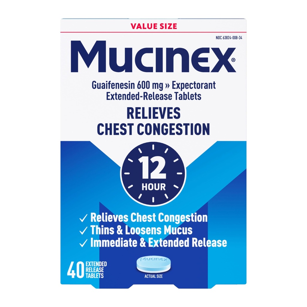 Mucinex 12 Hour 600 mg Guaifenesin Extended-Release Tablets for Excess Mucus Relief, Expectorant Aids Excess Mucus Removal, Chest Congestion Relief, 40 Bi-Layer Tablets