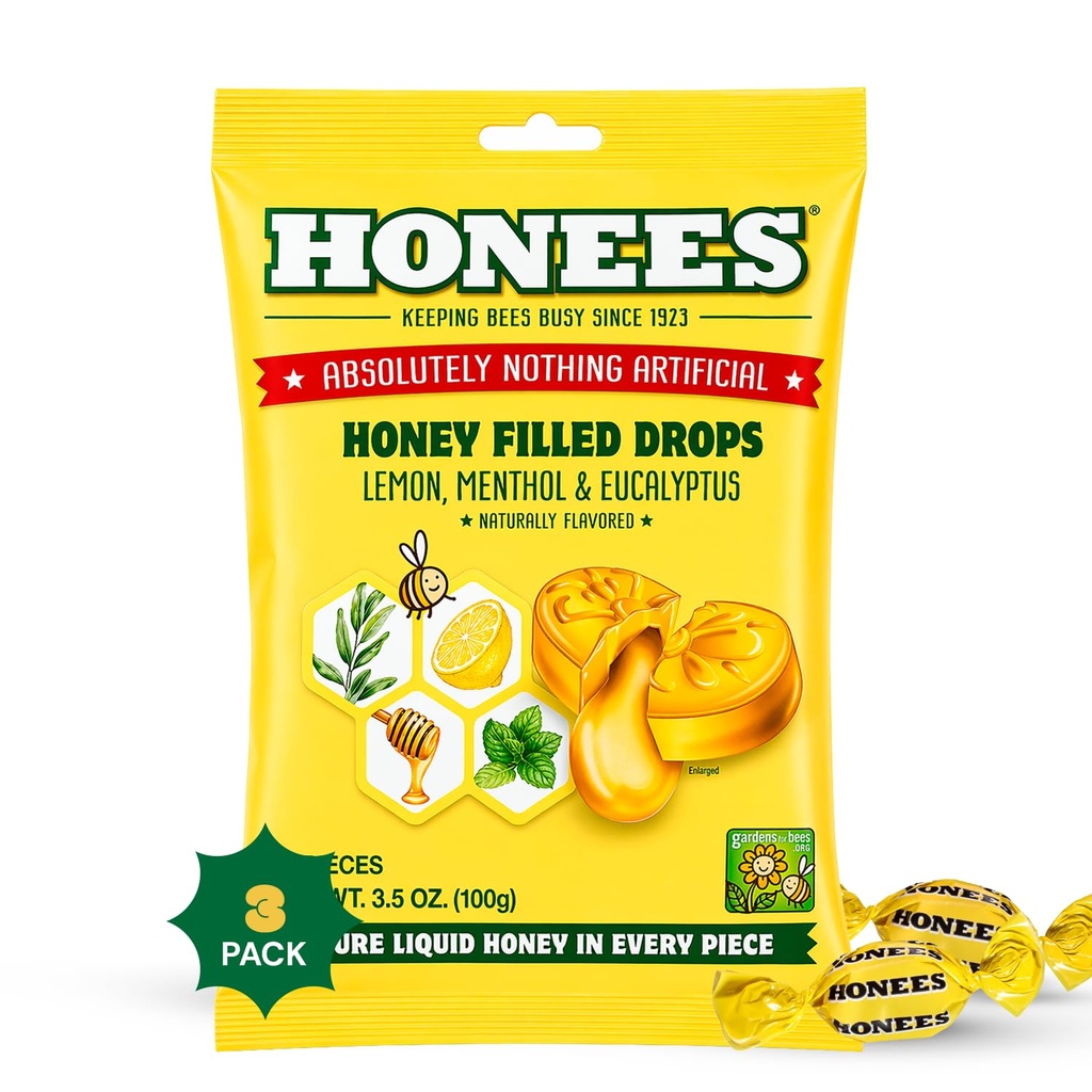 Honees Filled Honey Lemon Cough Drops- Filled with Honey, Menthol, Lemon and Eucalyptus - Nothing Artificial -Natural Sore Throat Lozenges- Non-GMO (3 Pack – 60 Drops)
