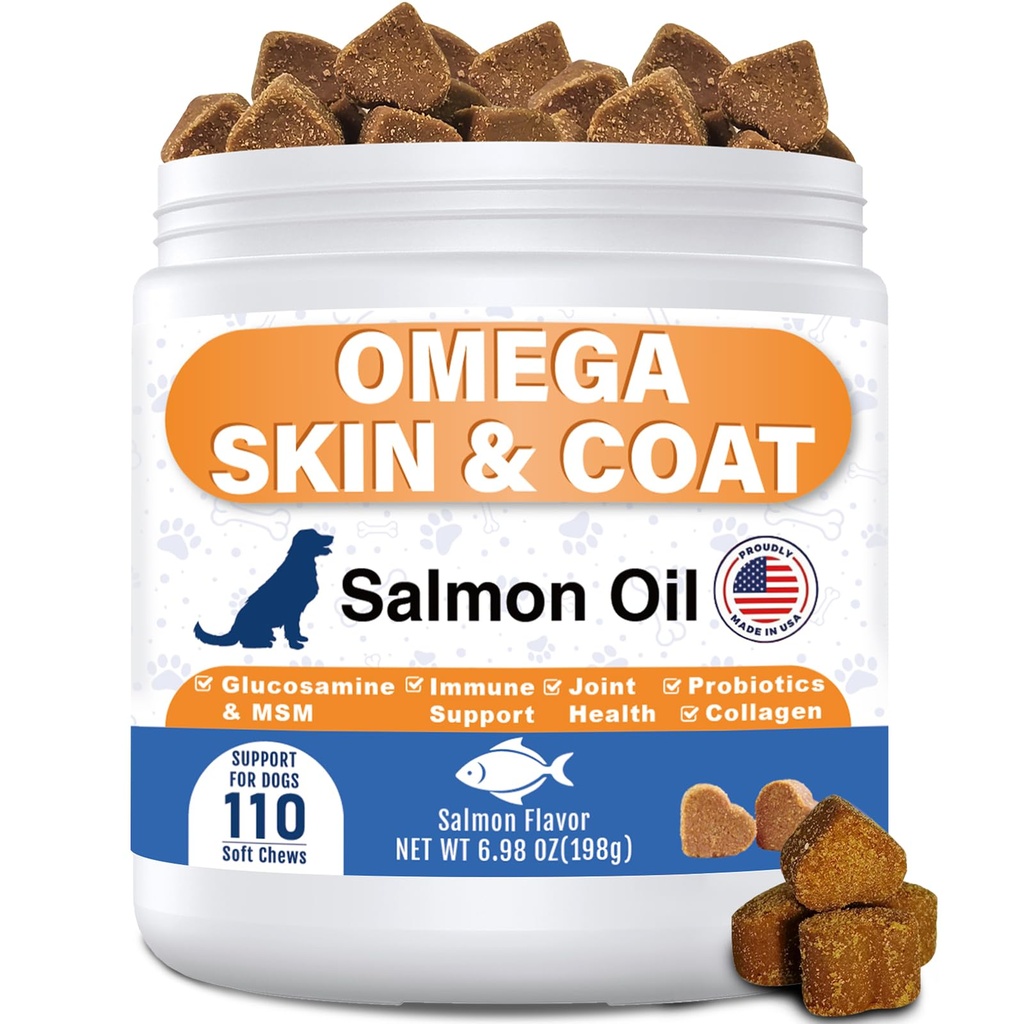 Omega 3 Fish Oil for Dogs - Dog Skin and Coat Chews with EPA DHA, Wild Salmon Oil, Glucosamine, MSM, Collagen- Pet Fish Oil Supplement to Support Gut Joints Heart Eyes Immune, 110 Ct