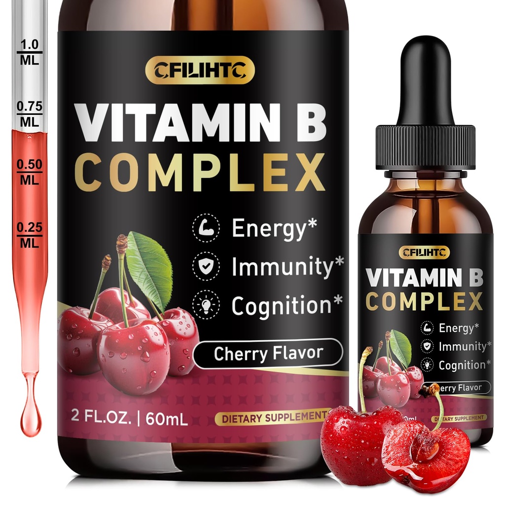 Vitamin B Complex Υγρές σταγόνες, B Βιταμίνες Complex συμπλήρωμα με B1, B2, B3, B5 B6, B7, B9 & Methyl B12 σταγόνες για ενήλικες & παιδιά, Vegan, Cherry Γεύση