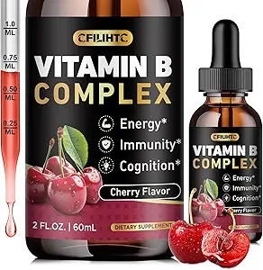 Vitamin B Complex Υγρές σταγόνες, B Βιταμίνες Complex συμπλήρωμα με B1, B2, B3, B5 B6, B7, B9 & Methyl B12 σταγόνες για ενήλικες & παιδιά, Vegan, Cherry Γεύση