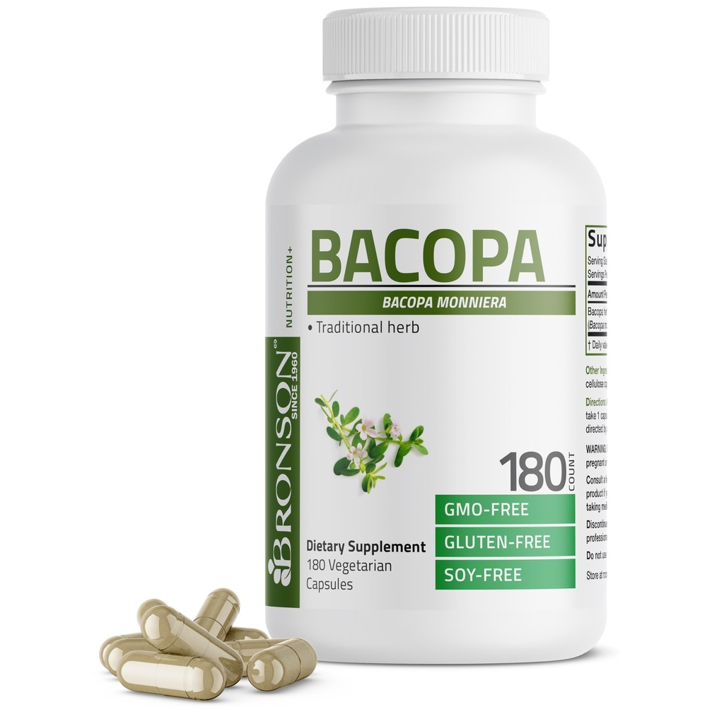 Bronson Bacopa υποστηρίζει υγιή λειτουργία του εγκεφάλου και την ψυχική απόδοση, παραδοσιακό βότανα, μη ΓΤΟ, 180 κάψουλες χορτοφάγων