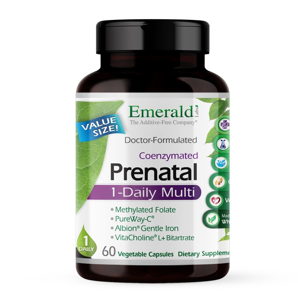 EMERALD LABS Prenatal 1-Daily Multi - Prenatal Multivitamin with Methylated Folate, Iron, Whole-Food Blend & More - Soy-Free, Gluten-Free - 60 Vegetable Capsules