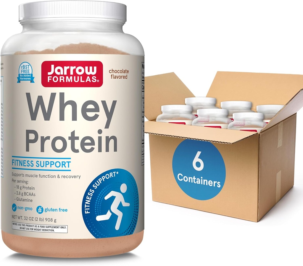 Jarrow Formulas Πρωτεΐνη ορού γάλακτος με 18g πρωτεΐνης, 3.8g BCAAs, & Glutamine, συμπλήρωμα διατροφής για τη λειτουργία των μυών & την υποστήριξη αποκατάστασης, 32oz σοκολάτα αρωματισμένη σκόνη, περίπου 35 ημερών, πακέτο των 6