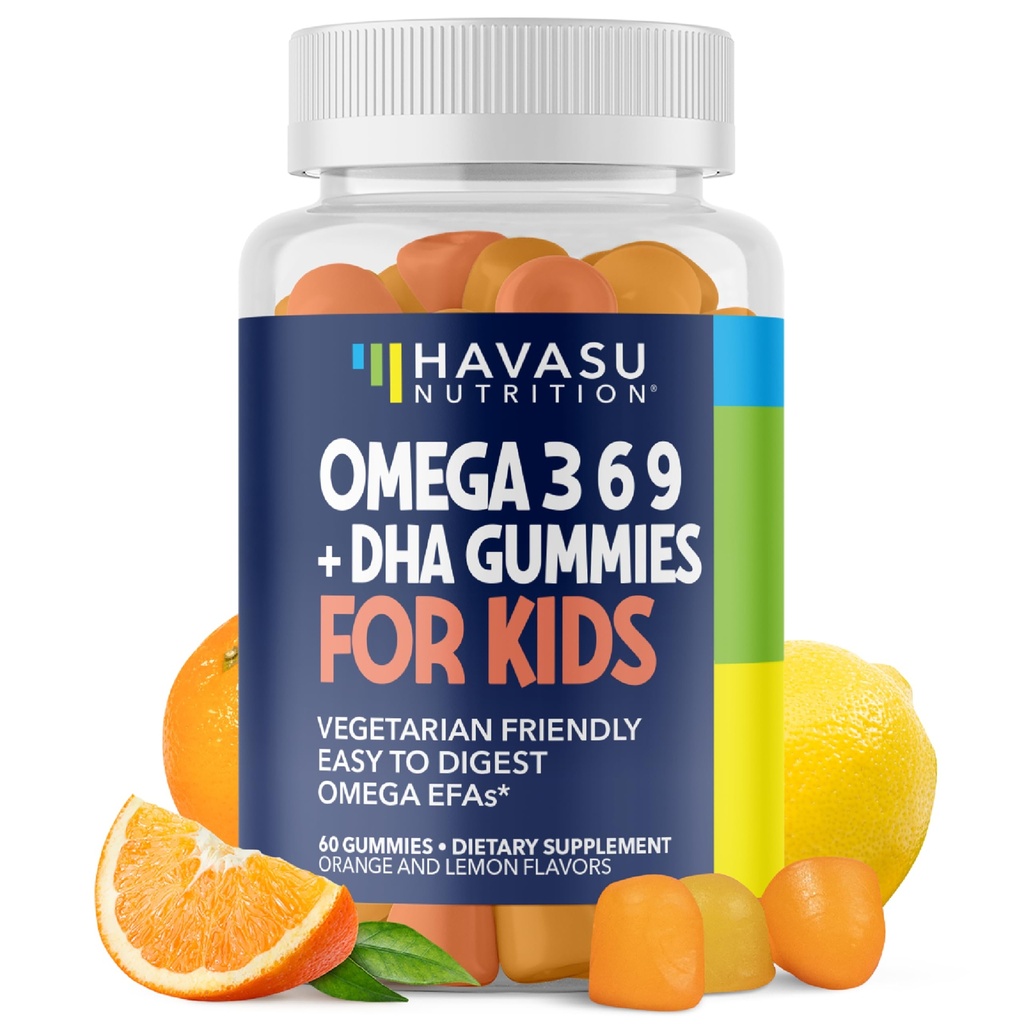 Ωμέγα 3 6 9 + DHA Gummies for Kids - Χορτοφαγικά, Φυτικά Με βάση το ιχθυέλαιο με DHA και EPA για παιδιά 2+ για την υποστήριξη του σώματος και της ανάπτυξης του εγκεφάλου - Δεν Fishy Γεύση - Λεμόνι και γεύση πορτοκάλι - 60 κόμης
