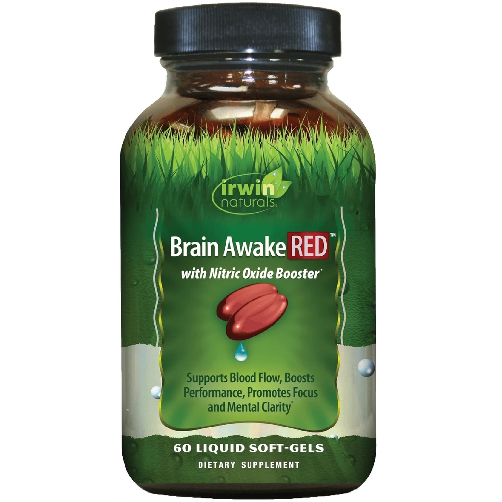 Irwin Naturals Brain Awake RED with Nitric Oxide Booster - 60 Liquid Soft-Gel - Υποστήριξη Brain Health & Optimize Performance - 20 Σύνολο Υπηρεσιών