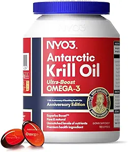 NYO3 Krill Oil Omega 3 Supplement 1000mg 90 Softgels EPA & DHA, Pure Antarctic Krill Oil with Astaxanthin and 56% Phospholipids Laboratory Tested