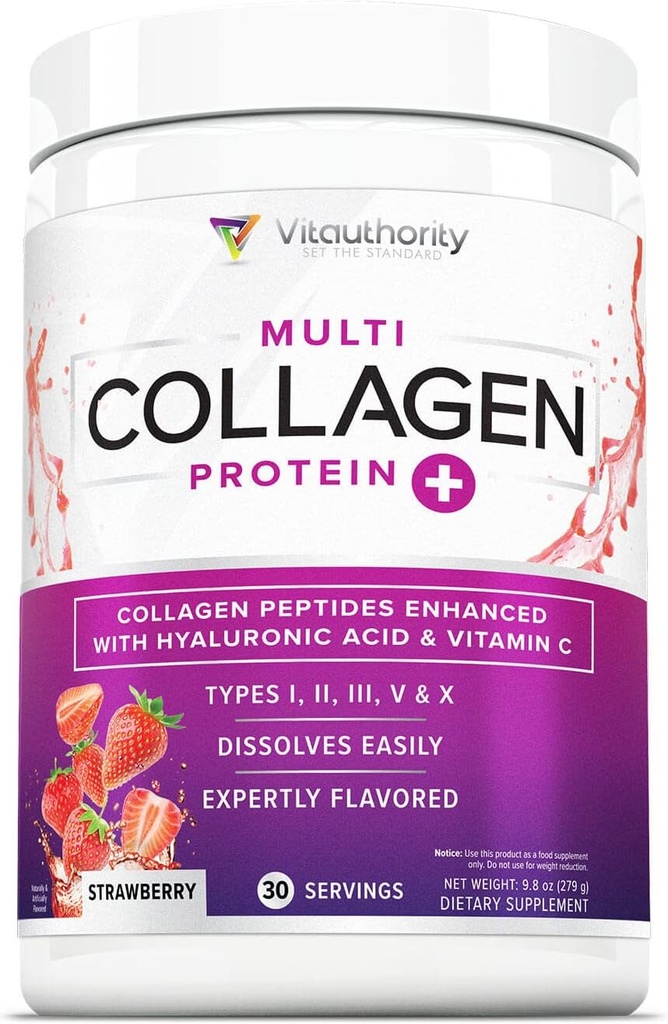 Multi Collagen Peptides σε σκόνη για γυναίκες - Hydrolyzed Flavored Collagen σε σκόνη για γυναίκες με τύπους I II III V & X Βιταμίνη C & Υαλουρονικό οξύ για δέρμα μαλλιών και νύχια (Strawberry) - 30 Σερβιέτες