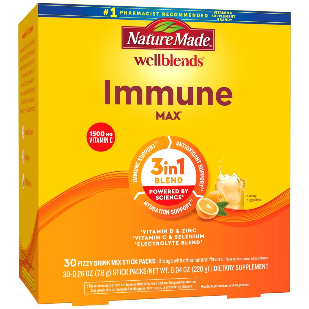 Nature Made Wellbleds ImmuneMAX Fizzy Drink Mix, Βιταμίνη C 1500mg, Ψευδάργυρος 15 mg, Βιταμίνη D3 1000 IU (25 mcg), συν Β Βιταμίνες και Ηλεκτρολυτές Hydration Blend, 30 Stick Packs