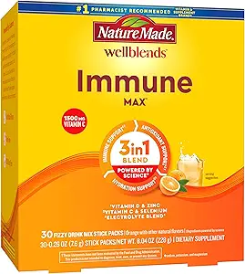 Nature Made Wellblends ImmuneMAX Fizzy Drink Mix, Vitamin C 1500mg, Zinc 15 mg, Vitamin D3 1000 IU (25 mcg), plus B Vitamins and Electrolytes Hydration Blend, 30 Stick Packs