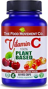 THE FOOD MOVEMENT CO. 100% Plant-Based Vitamin C 60 Capsules 125mg - Adults Immune System Antioxidant Support Dietary Supplement - Whole Food Vegan Supplements from Organic Non-GMO Gluten-Free Fruits