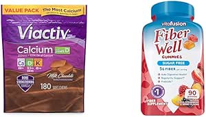 Viactiv Calcium Plus Vitamin D Supplement Soft Chews, Brown, Milk Chocolate, 180 Count & Vitafusion Fiber Well Sugar Free Fiber Supplement, Peach, Strawberry and BlackBerry Flavored