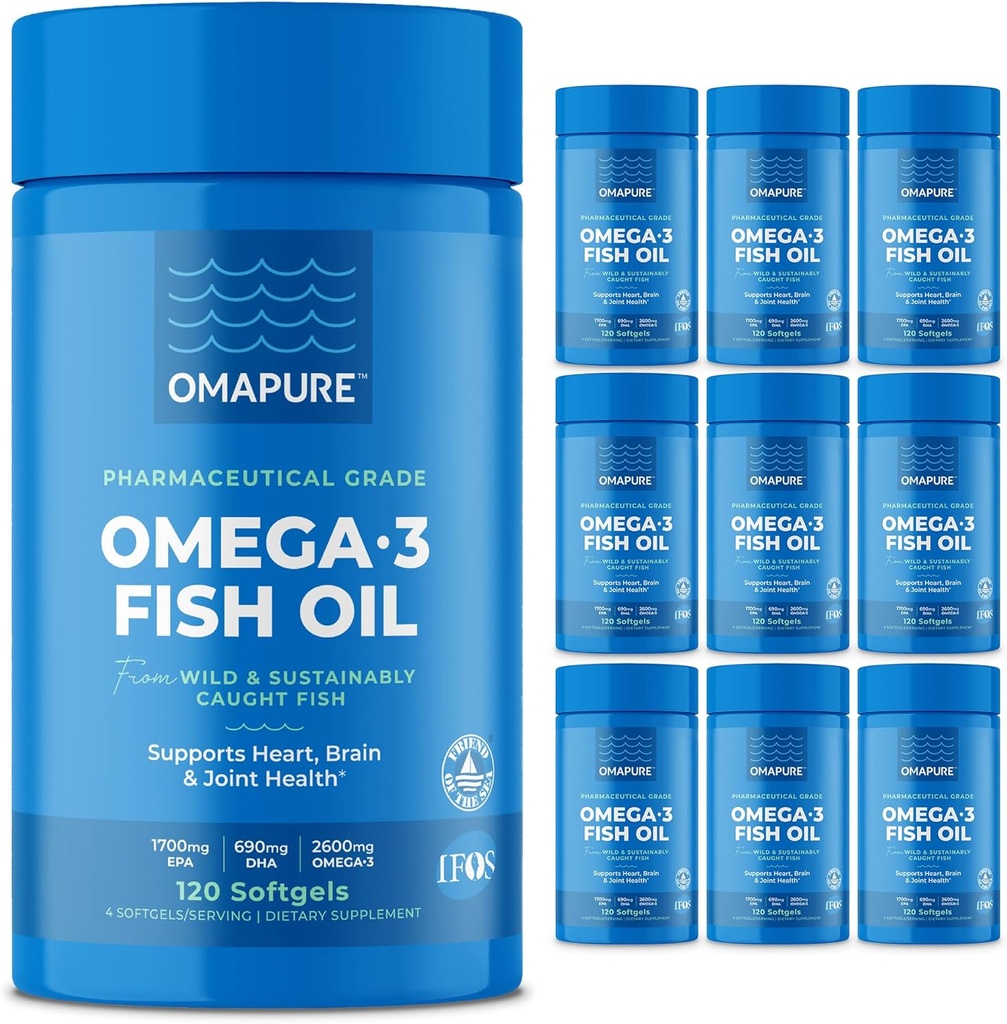 OMAPURE Wild Capt Omega-3 συμπληρώματα με υψηλή EPA & DHA (10 μπουκάλια, 120 Softgels) - Burpless Formula υποστηρίζει την καρδιά & κοινή υγεία, προωθεί τη λειτουργία του εγκεφάλου