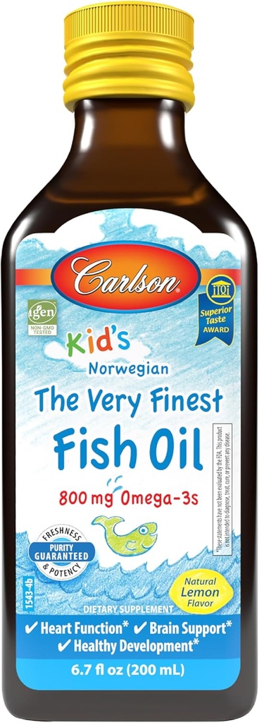 Carlson - Kid's The Very Finest Fish Oil Liquid, 800 mg Omega-3s, Norwegian, Wild-Caught Fish Oil, Omega 3 Liquid for Kids, Sustainable Sourced, Lemon, 200 ml
