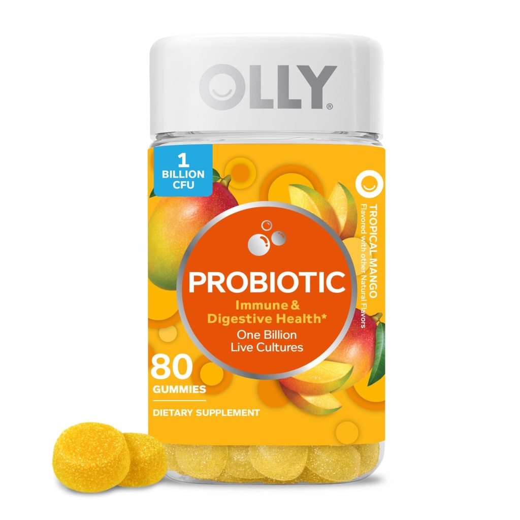 OLLY Probiotic Gummy, 1 δισεκατομμύρια CFUs, ανοσοποιητική και πυγμή υποστήριξη, Chewable Probiotic συμπλήρωμα, Mango, 80 κόμης