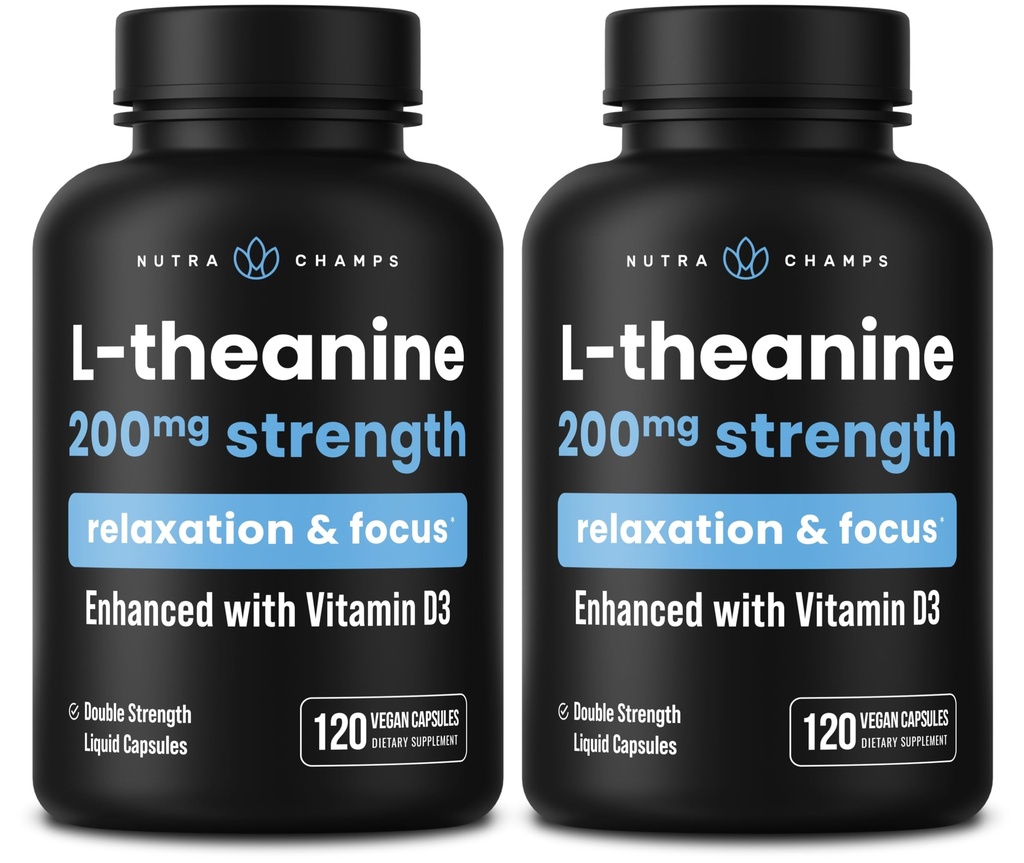 NutraChamps L-Θεανίνη 200mg κάψουλες, διπλό-ενίσχυση L-Θεανίνη υγρό με βιταμίνη D3, Βιολογικό Έλαιο καρύδας, 120 Vegan κάψουλες (πακέτο του 2)