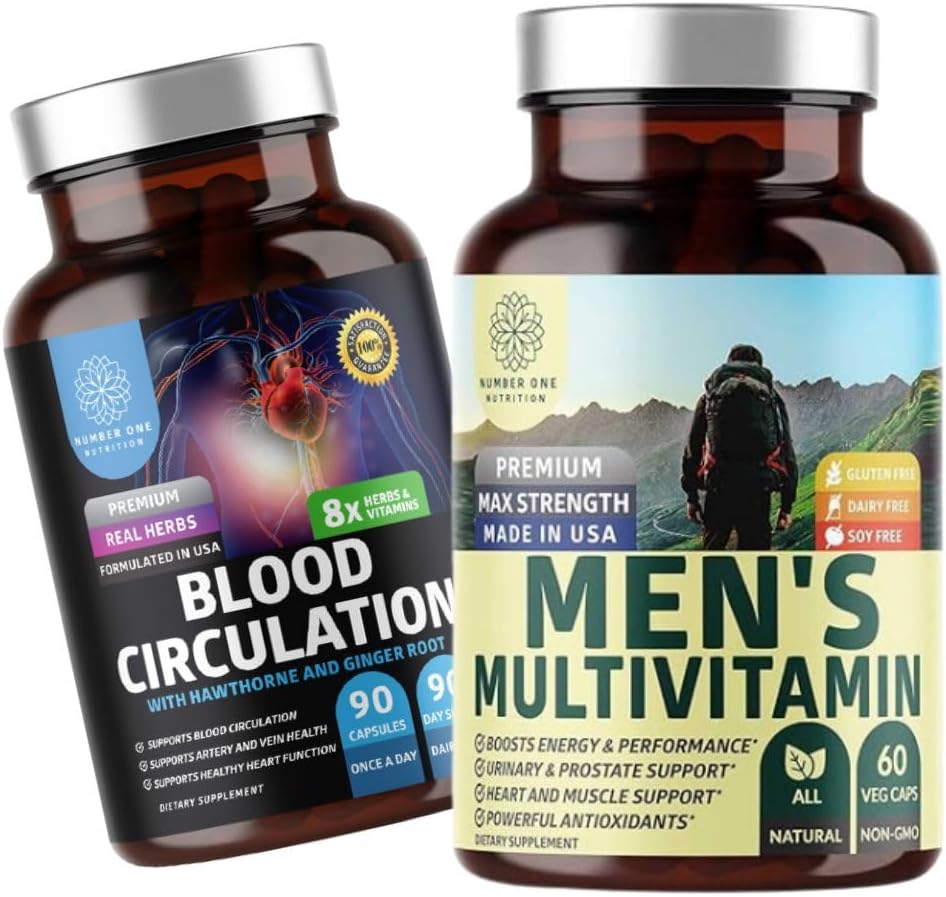 Number One Nutrition N1N Premium Men's Daily Multivitamin [Vitamins A C E D, Magnesium, Zinc] και συμπλήρωμα κυκλοφορίας αίματος [8 Ισχυρά βότανα & βιταμίνες], 2 πακέτα
