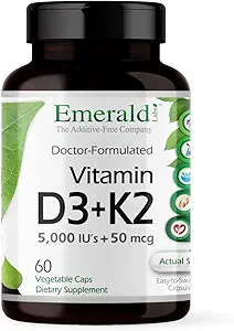 EMERALD LABS Βιταμίνη D3+K2 - Βιταμίνη D & VitalDelta MK-7 για την υγεία των οστών και την υποστήριξη της καρδιάς* - Χορτοφαγική, χωρίς γλουτένη, κλινική ισχύς - 60 κάψουλες λαχανικών