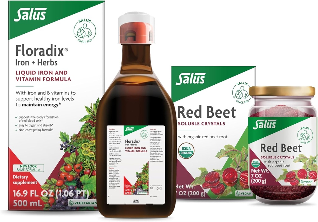 Floradix Iron & Herbs (16.9 oz) & Salus Red Beet Crystals (7 oz) - Συμπλήρωμα Σιδήρου για Υγιή Ενεργειακή Υποστήριξη* & Βιολογικό Διατροφικό Beet Root Drink Mix