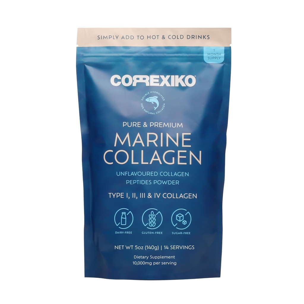 CORREXIKO Marine Collagen Powder Supplement Unflavored - 10.000mg Διπλό υδρολυμένο κολλαγόνο Peptides per Serving - Formated for Maximum Abvorvation - Hair, Skin & Nails - 5oz, 14 Servings