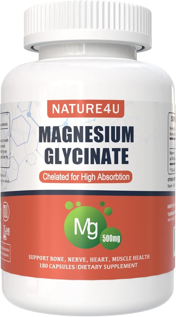 Μαγνήσιο Γλυκινικό 500mg, 100% Χηλικό για Υψηλή Απορρόφηση Συμπλήρωμα Μαγνησίου για τον ύπνο, τους μυς, την καρδιά, ποτέ και την υποστήριξη των οστών, 180 κάψουλες