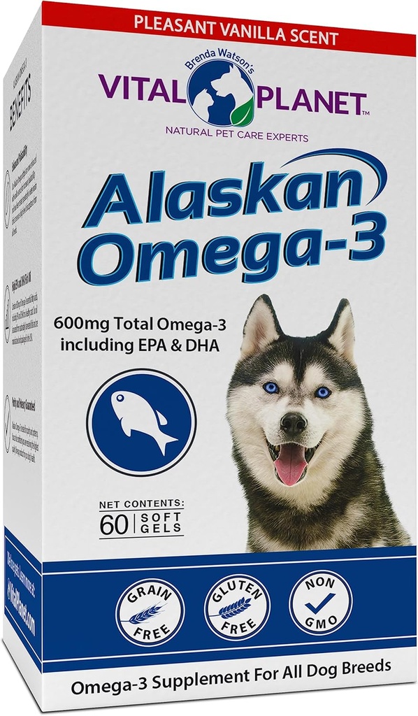 Vital Planet - Alaskan Omega-3 Fish Oil συμπλήρωμα για σκύλους με 600mg Omega-3, υψηλό σε DHA και EPA από Sustainablely Συγκομιδής Άγριας αλιεύονται κρύο νερό ψάρια, 60 Vanilla Softgels