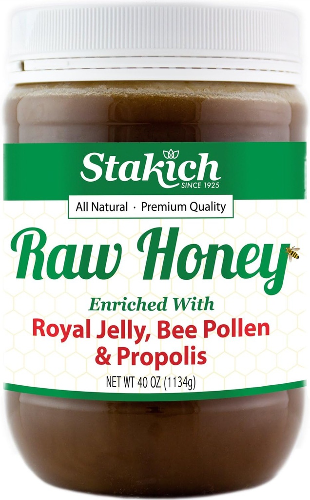 Stakich Royal Jelly, Bee Pollen, Propolis Raw Honey - Αγνή, μη επεξεργασμένη, μη θερμαινόμενη - 40 ουγγιά