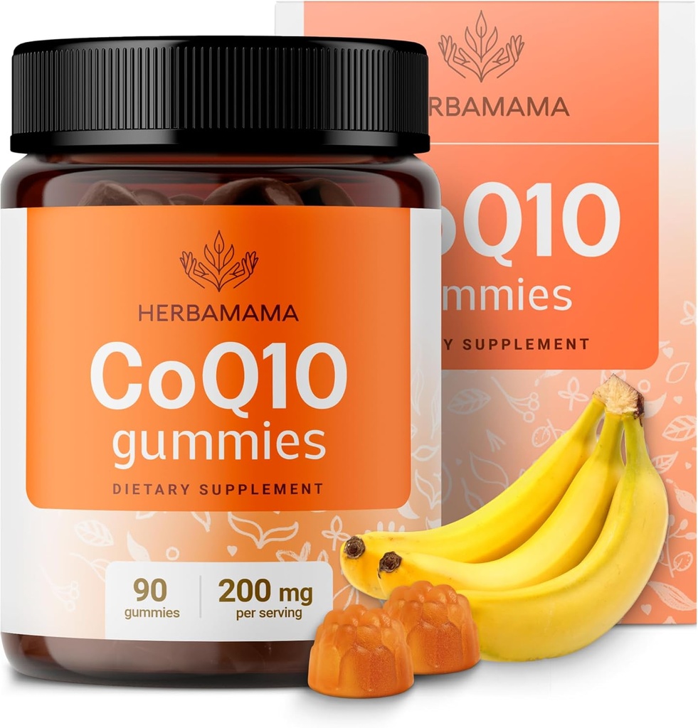 HERBAMAMA CoQ10 Gummies - 200mg συνένζυμο Q10 για αντιοξειδωτική υποστήριξη - Vegan, μη ΓΤΟ συμπλήρωμα καθημερινής ενεργειακής υποστήριξης - 90 Pectin-based Banana-Flavored Chews