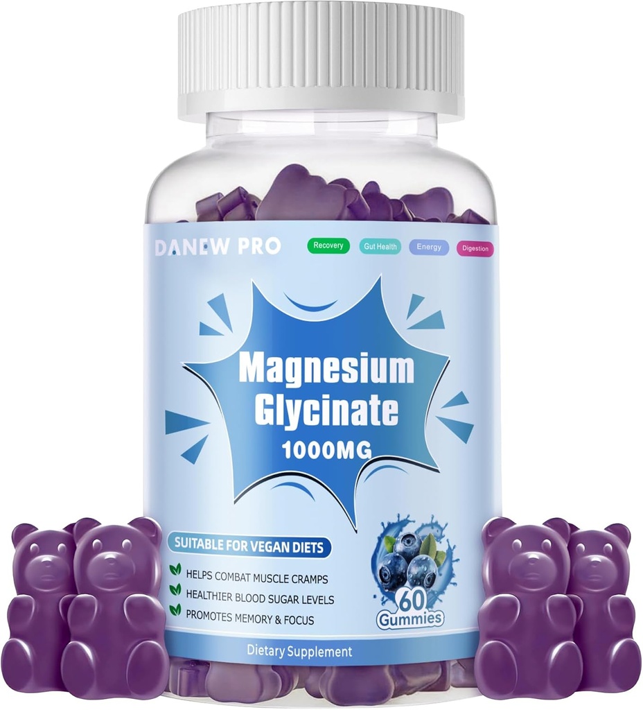 Μαγνήσιο Γλυκινικό Gummies 1000mg - Συμπλήρωμα χωρίς ζάχαρη Μαγνήσιο Κάλιο με βιταμίνη D, B6, CoQ10 για υποστήριξη ηρεμίας & ύπνου - 60 Gummies βατόμουρο