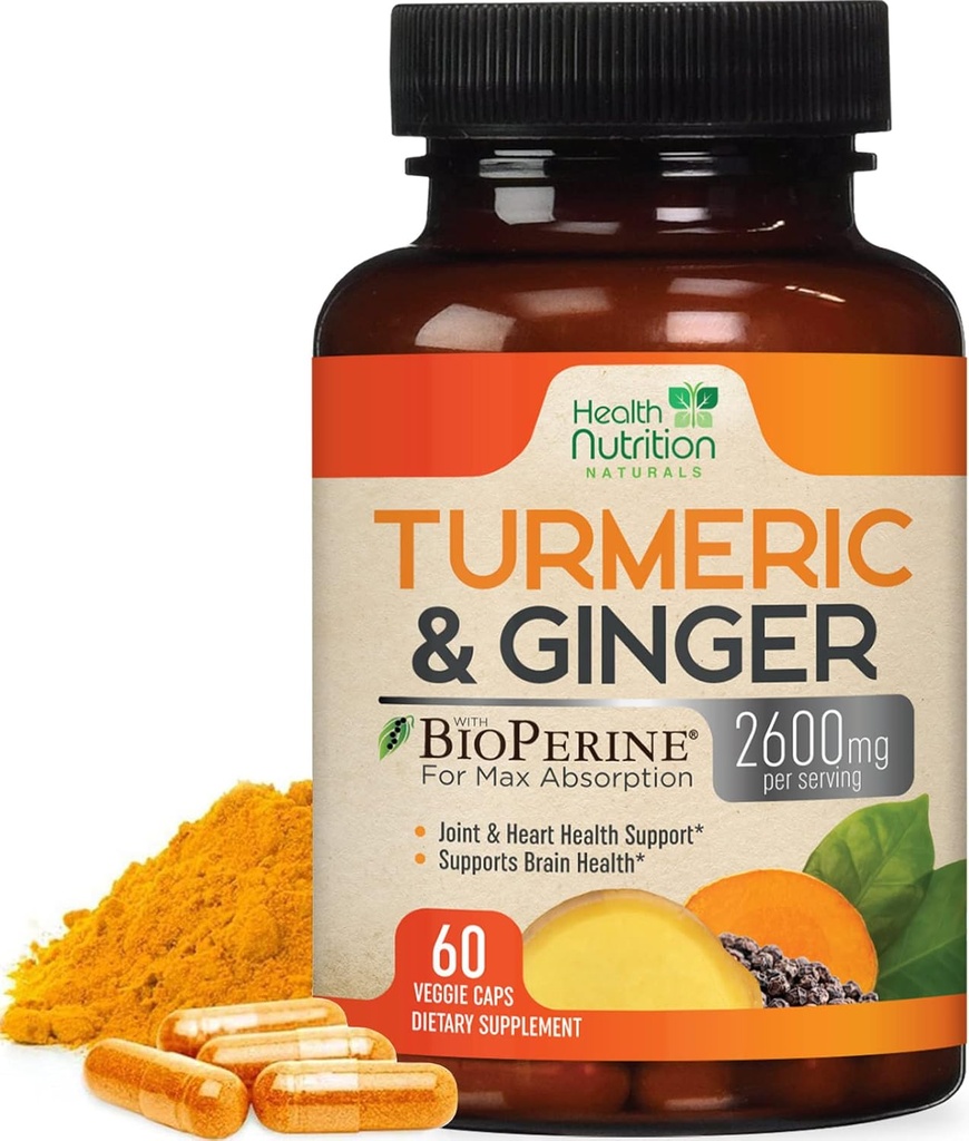 Turmeric Curcumin Supplement 2600mg - με Organic Ginger & Turmeric, 95% Κουρκουμινοειδή, BioPerine Μαύρο Πιπέρι για την Καλύτερη Απορρόφηση, Vegan Κοινή Υποστήριξη, Μη-ΓΤΟ, Εμφιαλωμένο στις ΗΠΑ - 60 κάψουλες
