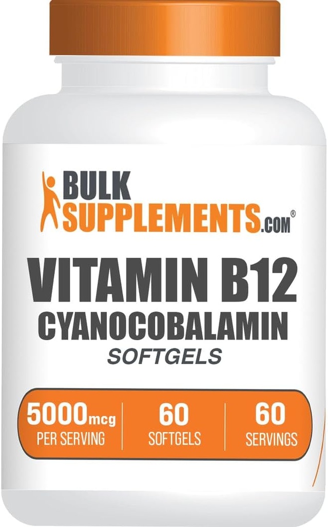 BulkSupplements.com Vitamin B12 5000 mcg Softgels - as Cyanocobalamin, Vitamin B12 Supplements, for Energy Support - Gluten Free, 1 Softgel per Serving, 60 Count (Pack of 1)