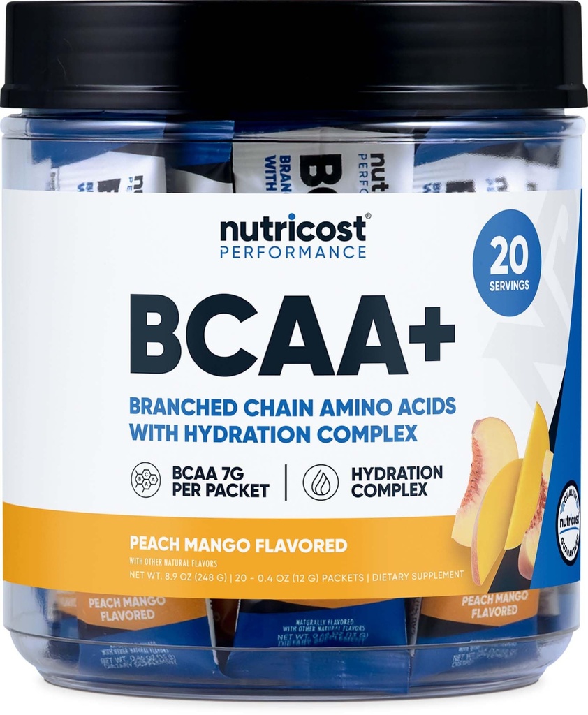 Nutricost BCAA+ Hydration Peach Mango Flavor (20 Stickpacks) - Διακλαδισμένη Αλυσίδα Αμινοξέα με Hydration Complex - Χωρίς γλουτένη, Μη ΓΤΟ