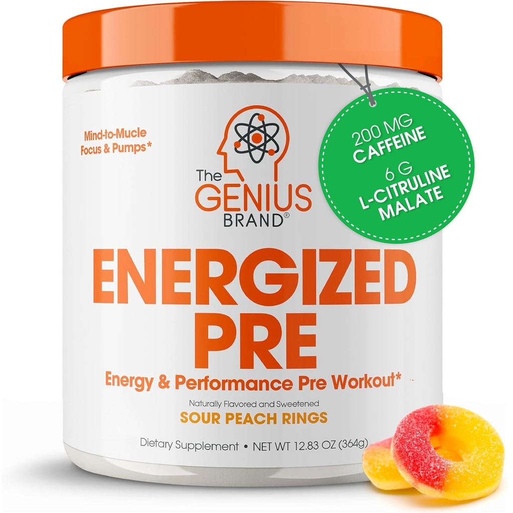 Genius Energized Preworkout Powder – Caffeine Infused Προ-Engine Booster Supplement with Beta Alanine & Alpha GPC, No Artificial Sweeteners or Dyes - 200mg Caffeine, 20 Servings, Sour Peach Rings