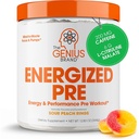 Genius Energized Preworkout Powder – Caffeine Infused Προ-Engine Booster Supplement with Beta Alanine & Alpha GPC, No Artificial Sweeteners or Dyes - 200mg Caffeine, 20 Servings, Sour Peach Rings