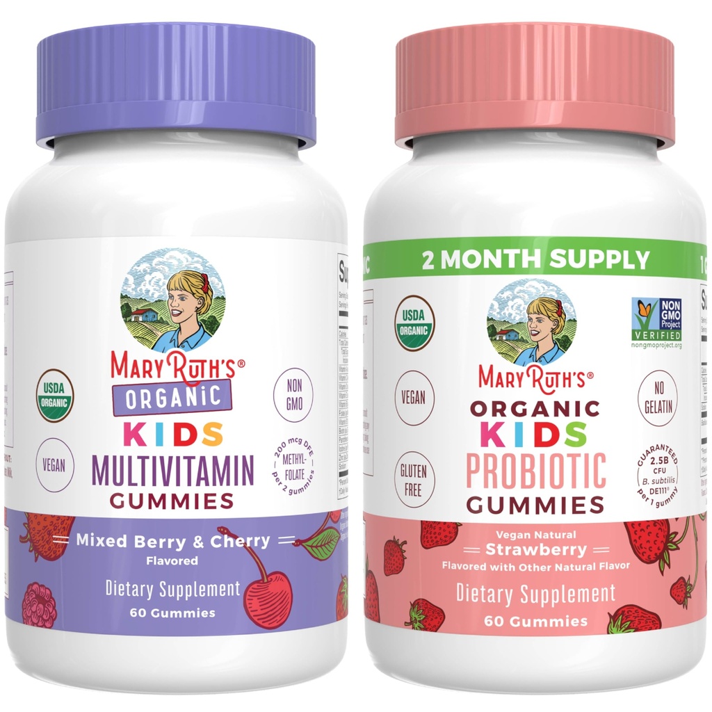 MaryRuth Organics Gummies for Kids–Multivitamin (Mixed Berry & Cherry), & Probiotic (Strawberry) | USDA Organic, No Gelatin! | Vitamins for Immunity, Gut Health, & Overall Wellness | Vegan, Non-GMO