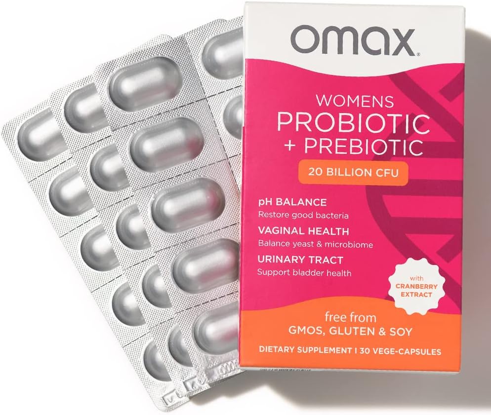 Omax Health Prebiotics and Probiotics Complex for Women, pH Balance, Vag Health, Urinary Tract, Yeast & BV Prevention, Lactobacillus & Bifidobacterium | Vegan, Organic, Gluten Free | 30 Vege-Capsules
