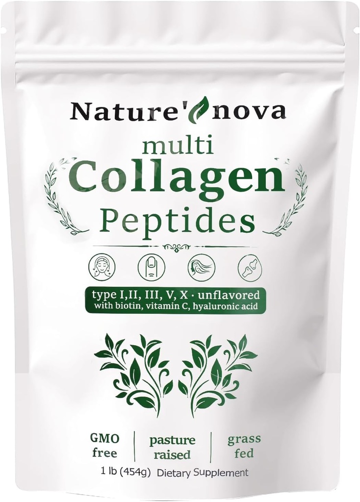 Nature's Nova Multi Collagen Peptides Peptides Powder - Τύπος I,II,III,V,X με Βιοτίνη, Υαλουρονικό οξύ, Βιταμίνη C - Μη αρωματισμένη, Εύκολα διαλυμένη, Μη ΓΤΟ