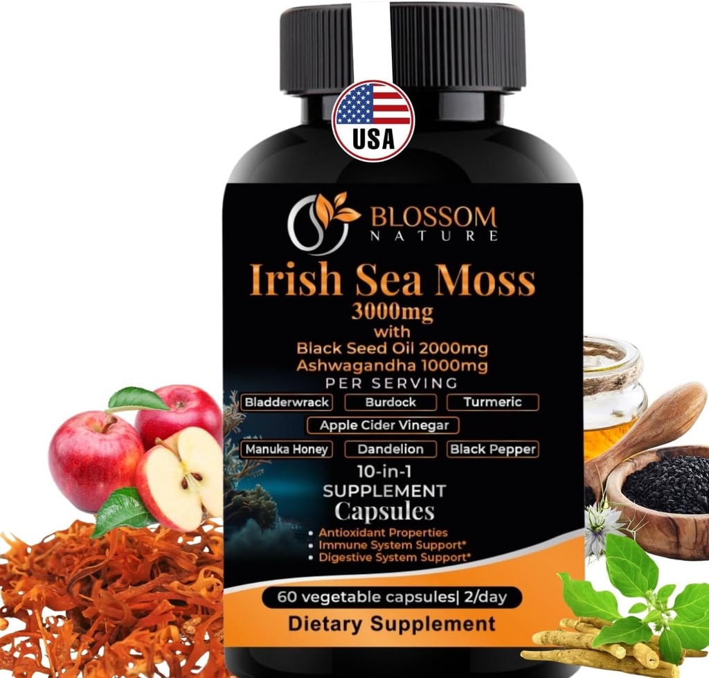10-σε-1 Ιρλανδική Θάλασσα Moss Veggie Caps 3000mg Μαύρο Έλαιο Σπόρου Ashwagandha Bladderwrack Burdock Turmeric Apple Cider Vinegar Manuka Honey Dandelion Μαύρο Πιπέρι - Κατασκευάζεται σε ΗΠΑ (Veggie Caps, Unflaved)