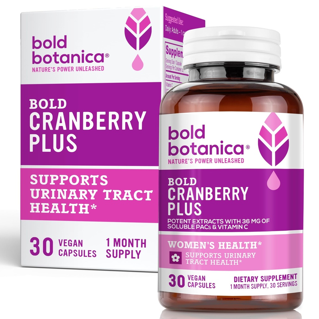 Bold Cranberry Plus – 36 mg PACs – 100% Soluble PAC– Υποστήριξη UTI ούρων- Χάπια βατόμουρο για γυναίκες & άνδρες- με Μη ΓΤΟ Βιταμίνη C – 30 Vegan Κάψουλες