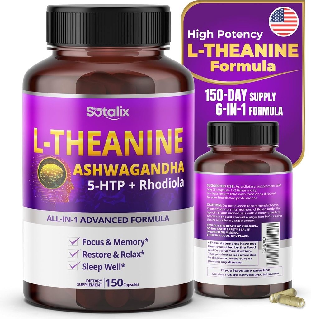 Sotalix L-theanine συμπλήρωμα με Ashwagandha 5-HTP + Rhodiola - Focus & Memory, Restore & Relax, Sleep Quality - USA Made & Tested (150 Count (Pack of 1))