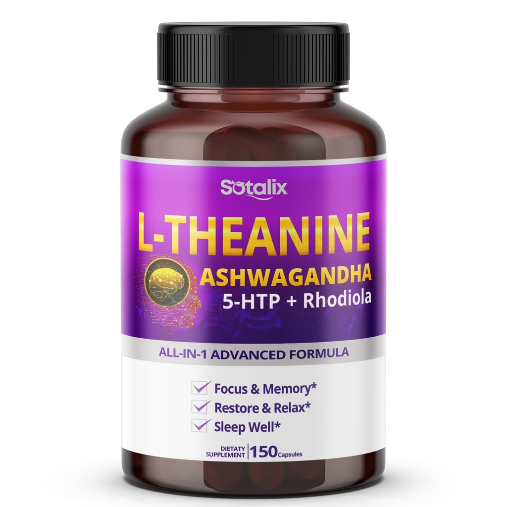 Sotalix L-theanine συμπλήρωμα με Ashwagandha 5-HTP + Rhodiola - Focus & Memory, Restore & Relax, Sleep Quality - USA Made & Tested (150 Count (Pack of 1))