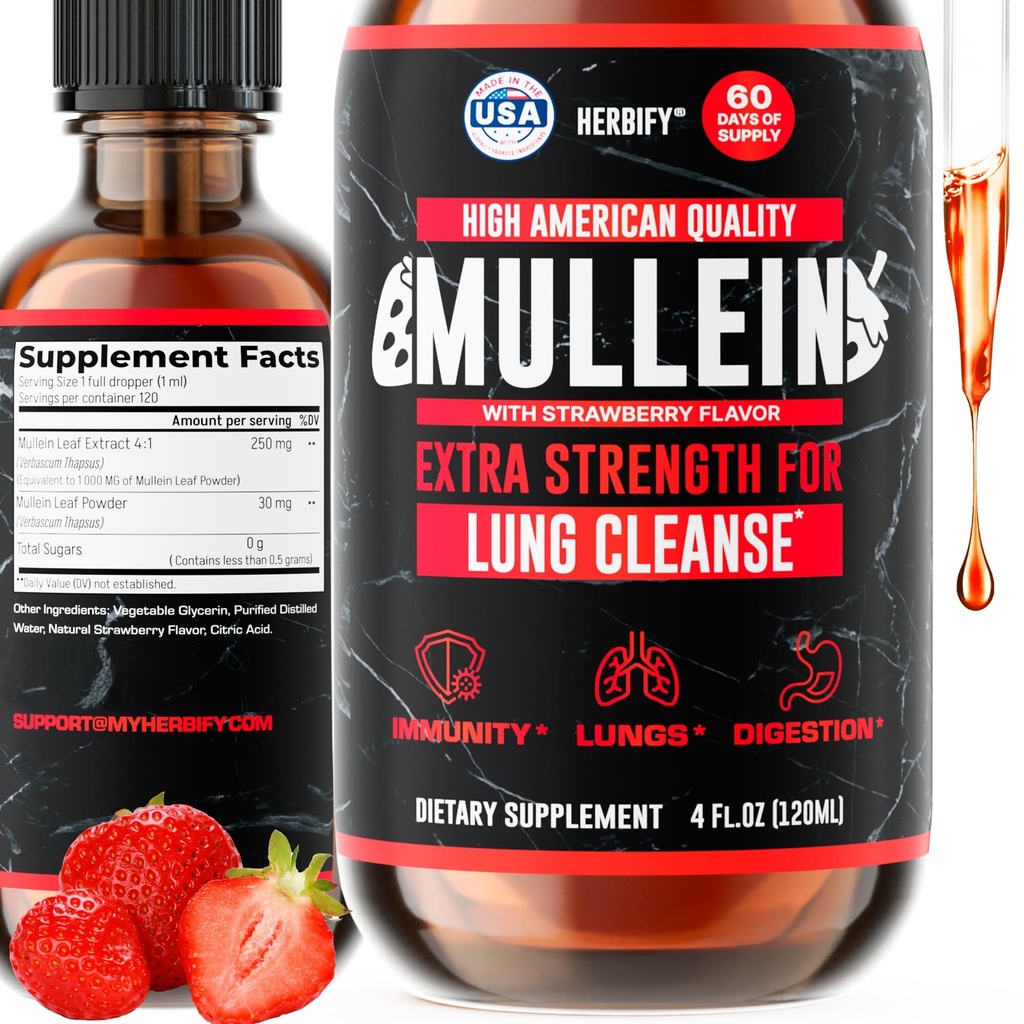 HERBIFY Mullein Drops - Lung Cleanse - Leaf Extract - Ισχυρή Mullein για την υποστήριξη του ανοσοποιητικού, Detox & αναπνευστική υποστήριξη - Made in USA - 4 Oz Flawry Flavor