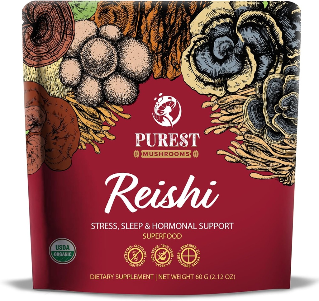 Reishi σκόνη - Βιολογικό εκχύλισμα μανιταριών σκόνη - συμπληρώματα μανιταριών για την υποστήριξη του ανοσοποιητικού, ανακούφιση του στρες, καλύτερο ύπνο 60g