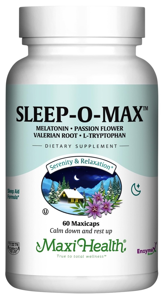 Maxi Health Adults Herbal Sleep-O-Max with Valerian Root, Melatonin, Tryptophan, Passionflower - Natural Sleep Supplement - Φόρμουλα υποστήριξης ήρεμου ύπνου