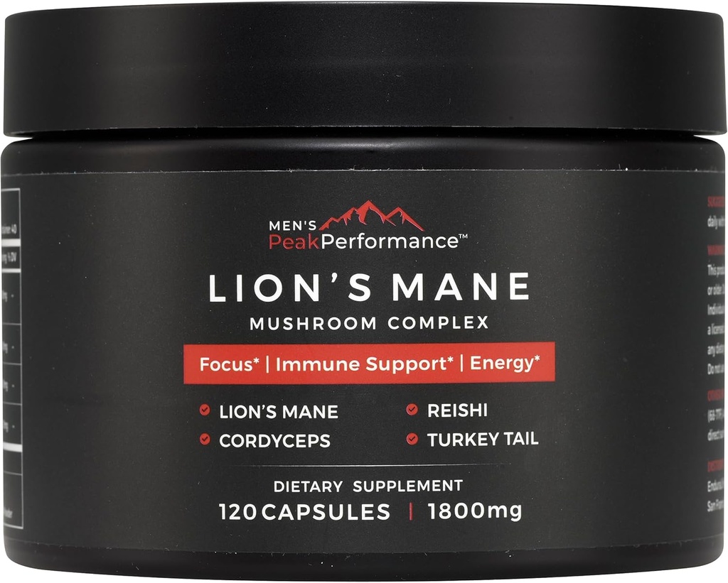 MEN'S PeakPerformance Lion's Mane Mushroom Supplement Capsules with Reishi, Cordyceps, Turkey Tail – Brain Nootropic for Memory, Focus, Natural Energy, & Immune Support Supplement (120 Κάψουλες)
