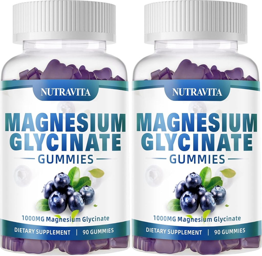 Glycinate Gummys μαγνήσιο 1000mg με L-Θρεονικό μαγνήσιο, Chelated Μαγνήσιο Κάλιο Συμπλέγματος συμπλήρωμα με VitD, B6, CoQ10, Ασβέστιο, Υποστηρίγματα για τη μνήμη, ηρεμία, Mood - 180 Gummies Blueberry