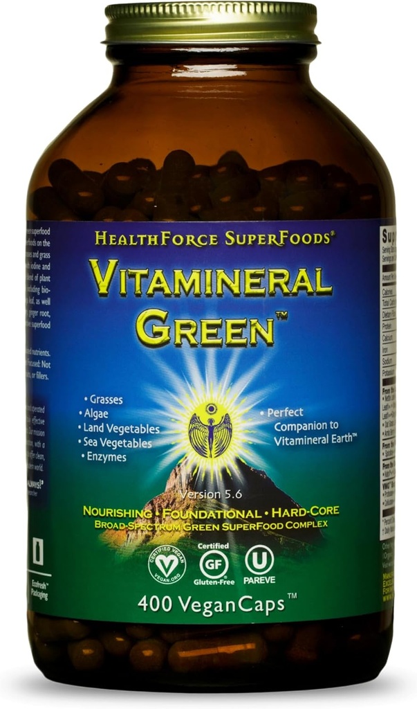 HealthFORCE SUPERFOODS Vitamineral Green - Συμπλήρωμα Ορυκτών για την υποστήριξη του ανοσοποιητικού και του θυρεοειδούς - Πράσινο συμπλήρωμα σκόνης με συστατικά από τη γη - Χωρίς γλουτένη & Vegan - 400 κάψουλες