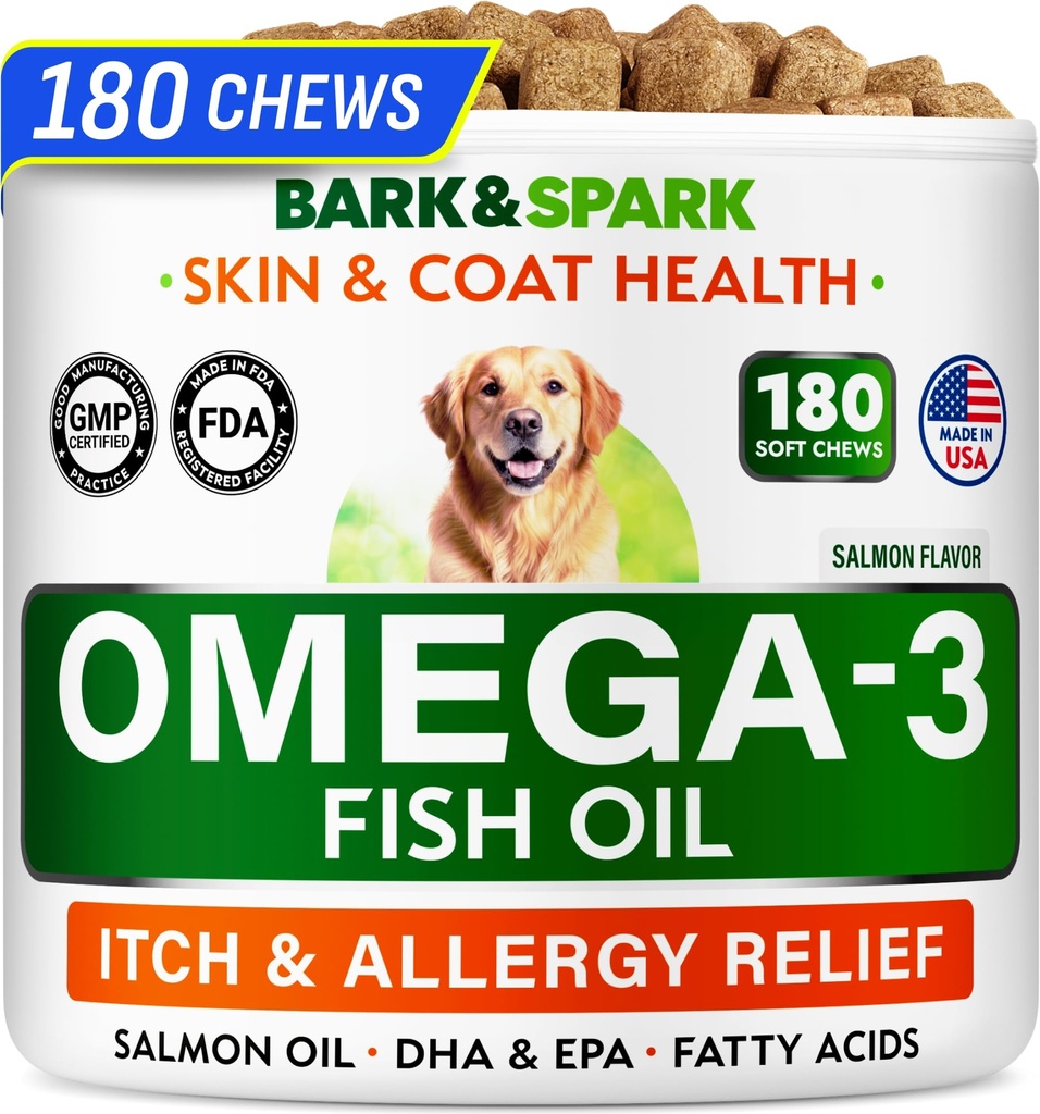 BARK&SPARK Omega 3 για σκύλους - 180 Fish Oil Treats for Dog Shedding, Skin Allergy, Itch Relief, Hot Spots Θεραπεία - Κοινή Υγεία - Skin and Coat Supplement - EPA & DHA Λιπαρά Οξέα - Salmon Oil