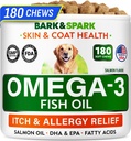 BARK&SPARK Omega 3 για σκύλους - 180 Fish Oil Treats for Dog Shedding, Skin Allergy, Itch Relief, Hot Spots Θεραπεία - Κοινή Υγεία - Skin and Coat Supplement - EPA & DHA Λιπαρά Οξέα - Salmon Oil